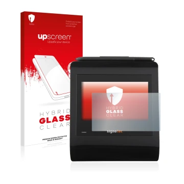 Front side of a product packaging with the brand logo upscreen. Next to it is the device Signotec Signature Pad Gamma shown wi
