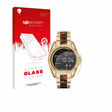 Front side of a product packaging with the brand logo upscreen. Next to it is the device Michael Kors Access Bradshaw shown wi