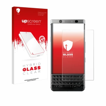 Front side of a product packaging with the brand logo upscreen. Next to it is the device BlackBerry Keyone shown with the corr