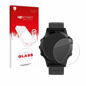 Front side of a product packaging with the brand logo upscreen. Next to it is the device Garmin Fenix 5 (47 mm) shown with the