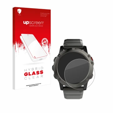 Front side of a product packaging with the brand logo upscreen. Next to it is the device Garmin Fenix 5X (51 mm) shown with th