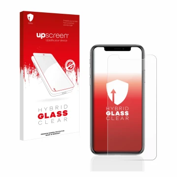 Front side of a product packaging with the brand logo upscreen. Next to it is the device Apple iPhone X shown with the corresp