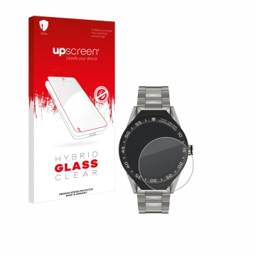 Front side of a product packaging with the brand logo upscreen. Next to it is the device TAG Heuer Connected Modular 45 shown 