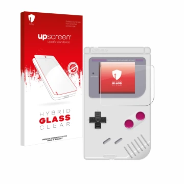Front side of a product packaging with the brand logo upscreen. Next to it is the device Nintendo Gameboy (1989) shown with th