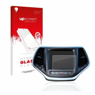 Front side of a product packaging with the brand logo upscreen. Next to it is the device Jeep Cherokee Uconnect 8.4