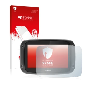 Front side of a product packaging with the brand logo upscreen. Next to it is the device TomTom Rider 450 shown with the corre