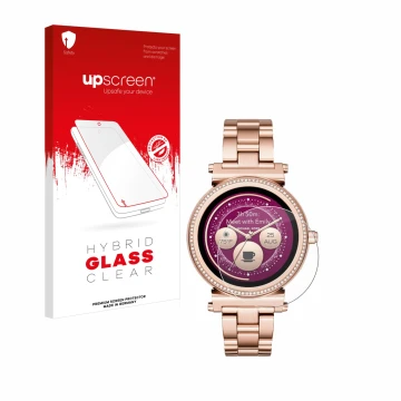 Front side of a product packaging with the brand logo upscreen. Next to it is the device Michael Kors Access Sofie shown with 