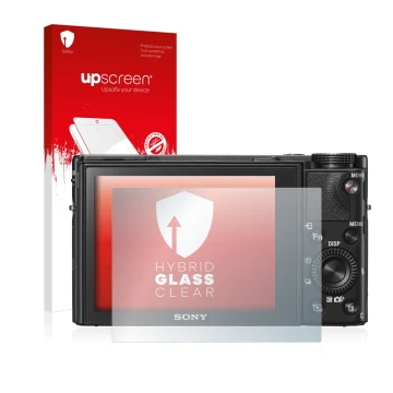 Front side of a product packaging with the brand logo upscreen. Next to it is the device Sony Cyber-Shot DSC-RX100 V shown wit