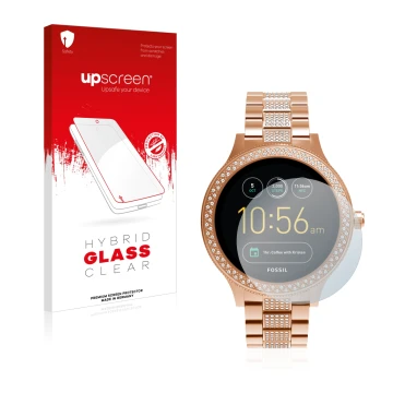 Front side of a product packaging with the brand logo upscreen. Next to it is the device Fossil Q Venture shown with the corre