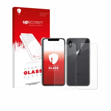 Front side of a product packaging with the brand logo upscreen. Next to it is the device Apple iPhone X (Front+Back) shown wit