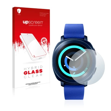 Front side of a product packaging with the brand logo upscreen. Next to it is the device Samsung Gear Sport shown with the cor