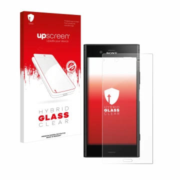 Front side of a product packaging with the brand logo upscreen. Next to it is the device Sony Xperia XZ1 shown with the corres