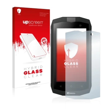 Front side of a product packaging with the brand logo upscreen. Next to it is the device Crosscall Trekker M1 Core shown with 