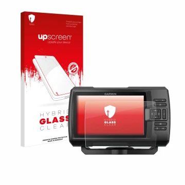 Front side of a product packaging with the brand logo upscreen. Next to it is the device Garmin Striker Plus 5cv shown with th