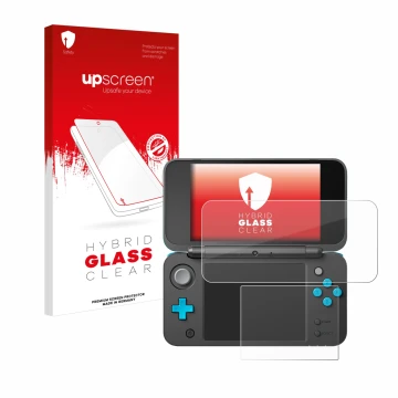 Front side of a product packaging with the brand logo upscreen. Next to it is the device New Nintendo 2DS XL shown with the co