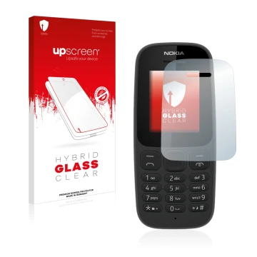Front side of a product packaging with the brand logo upscreen. Next to it is the device Nokia 105 2017 shown with the corresp