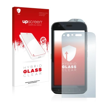 Front side of a product packaging with the brand logo upscreen. Next to it is the device Caterpillar Cat S61 shown with the co