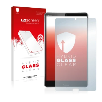 Front side of a product packaging with the brand logo upscreen. Next to it is the device Huawei MediaPad M5 8.4 shown with the