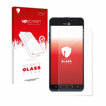 Front side of a product packaging with the brand logo upscreen. Next to it is the device Doro 8035 shown with the correspondin