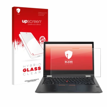 Front side of a product packaging with the brand logo upscreen. Next to it is the device Lenovo ThinkPad Yoga X380 shown with 
