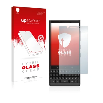 Front side of a product packaging with the brand logo upscreen. Next to it is the device BlackBerry Key2 shown with the corres