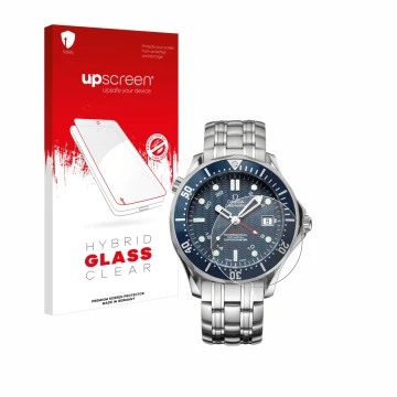 Front side of a product packaging with the brand logo upscreen. Next to it is the device Omega Seamaster Diver (41 mm) shown w