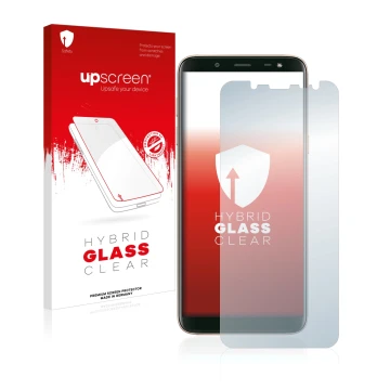 Front side of a product packaging with the brand logo upscreen. Next to it is the device Samsung Galaxy J6 2018 shown with the