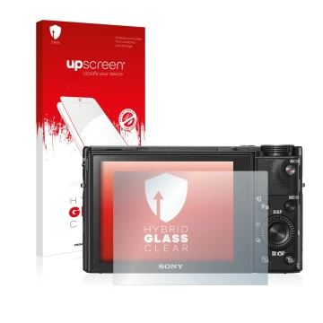 Front side of a product packaging with the brand logo upscreen. Next to it is the device Sony Cyber-Shot DSC-RX100 VI shown wi