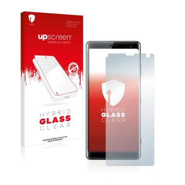Front side of a product packaging with the brand logo upscreen. Next to it is the device Sony Xperia XZ3 shown with the corres