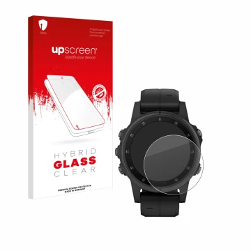 Front side of a product packaging with the brand logo upscreen. Next to it is the device Garmin Fenix 5S Plus (42 mm) shown wi
