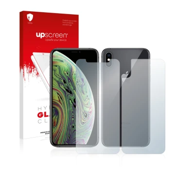 Front side of a product packaging with the brand logo upscreen. Next to it is the device Apple iPhone Xs (Front+Back) shown wi