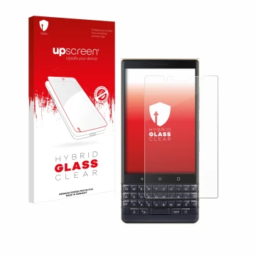 Front side of a product packaging with the brand logo upscreen. Next to it is the device BlackBerry Key2 LE shown with the cor