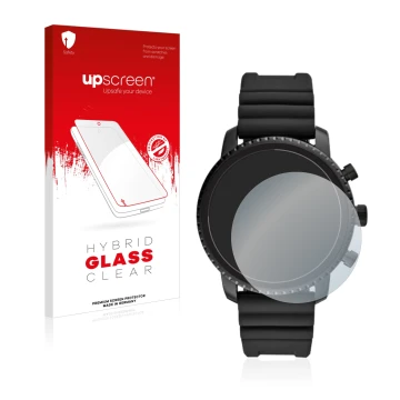 Front side of a product packaging with the brand logo upscreen. Next to it is the device Fossil Q Explorist HR (4.Gen) shown w