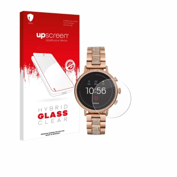 Front side of a product packaging with the brand logo upscreen. Next to it is the device Fossil Q Venture HR (4.Gen) shown wit