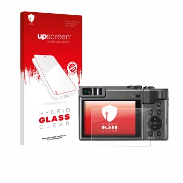 Front side of a product packaging with the brand logo upscreen. Next to it is the device Panasonic Lumix DC-TZ90 shown with th