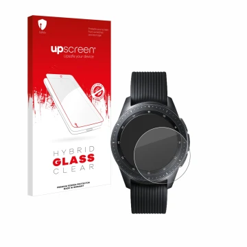 Front side of a product packaging with the brand logo upscreen. Next to it is the device Samsung Galaxy Watch (42 mm) shown wi