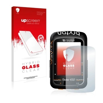 Front side of a product packaging with the brand logo upscreen. Next to it is the device Bryton Rider 450 shown with the corre