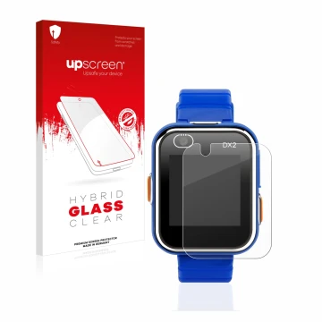 Front side of a product packaging with the brand logo upscreen. Next to it is the device Vtech Kidizoom Smart Watch DX2 shown 
