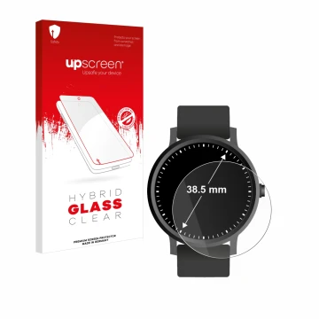 Front side of a product packaging with the brand logo upscreen. Next to it is the device Watches (Circular, ø: 38.5 mm) shown 