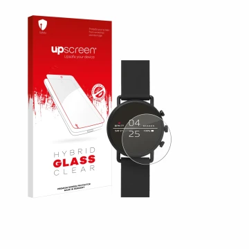 Front side of a product packaging with the brand logo upscreen. Next to it is the device Skagen Smartwatch Falster 2 shown wit