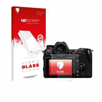 Front side of a product packaging with the brand logo upscreen. Next to it is the device Panasonic Lumix DC-S1R shown with the