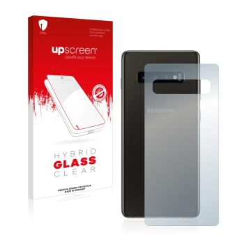 Front side of a product packaging with the brand logo upscreen. Next to it is the device Samsung Galaxy S10 (Back) shown with 