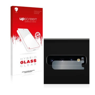 Front side of a product packaging with the brand logo upscreen. Next to it is the device Samsung Galaxy S10 (ONLY Camera Lens)