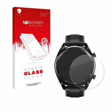 Front side of a product packaging with the brand logo upscreen. Next to it is the device Huawei Watch GT (46 mm) 2018 shown wi