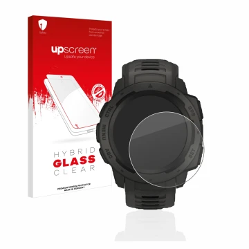 Front side of a product packaging with the brand logo upscreen. Next to it is the device Garmin Instinct shown with the corres