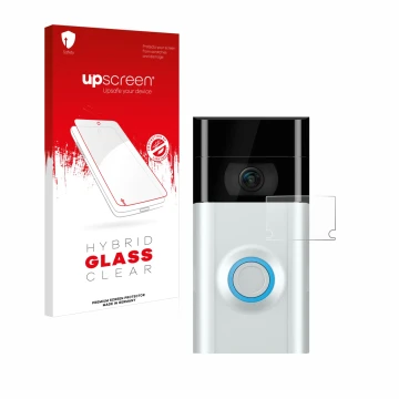 Front side of a product packaging with the brand logo upscreen. Next to it is the device Ring Doorbell 2 (Lens) shown with the