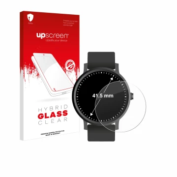 Front side of a product packaging with the brand logo upscreen. Next to it is the device Watches (Circular, ø: 41.5 mm) shown 