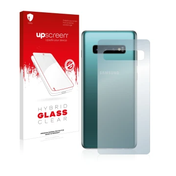 Front side of a product packaging with the brand logo upscreen. Next to it is the device Samsung Galaxy S10 Plus (Back) shown 