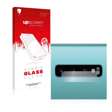 Front side of a product packaging with the brand logo upscreen. Next to it is the device Samsung Galaxy S10 Plus (ONLY Camera 