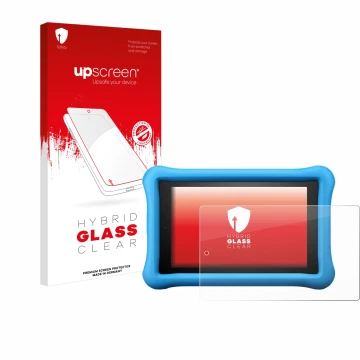 Front side of a product packaging with the brand logo upscreen. Next to it is the device Amazon Fire HD 8 Kids Edition 2018 (8